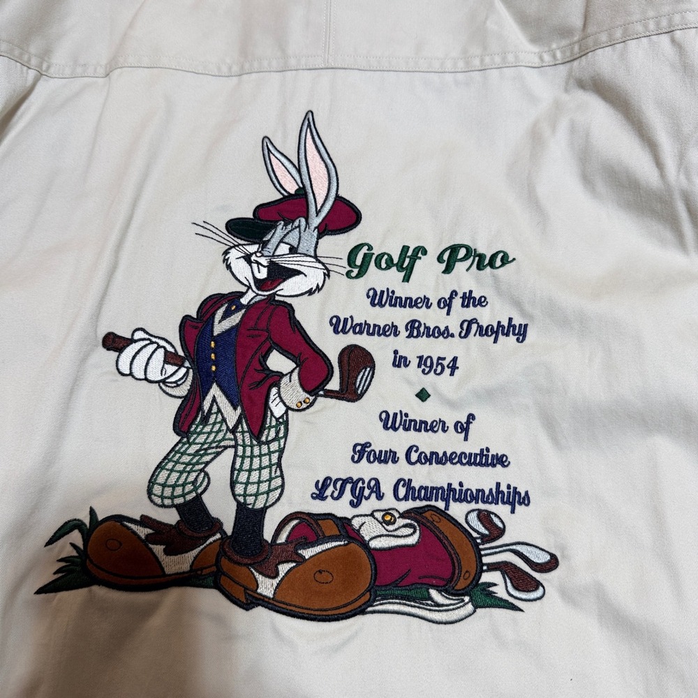 Vintage 1994 Acme Clothing Bugs Bunny Golf Pro Embroidered Shirt Khaki Mens S